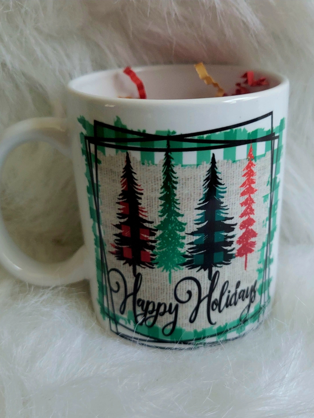 Happy Holidays Ceramic Mug - Green, Red, Black Tree Design